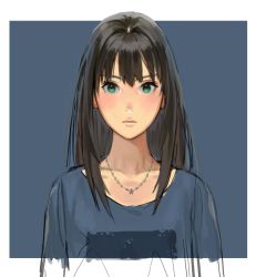 Rule 34 | 10s, 1girl, bad id, bad pixiv id, blush, brown hair, casual, earrings, framed, green eyes, idolmaster, idolmaster cinderella girls, jewelry, long hair, necklace, outside border, rr (suisse200), shibuya rin, shirt, simple background, sketch, solo, unfinished