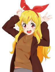Rule 34 | 1girl, :d, aikatsu!, aikatsu! (series), arms up, blonde hair, bow, brown jacket, brown sweater, commentary, dated, grey pants, hair bow, hairband, highres, hoshimiya ichigo, index finger raised, jacket, long hair, long jacket, looking at viewer, midriff peek, miyahara takuya, open mouth, pants, pointing, pointing up, red bow, red eyes, red hairband, round teeth, signature, simple background, smile, solo, sweater, teeth, turtleneck, turtleneck sweater, upper body, upper teeth only, white background