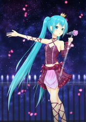 Rule 34 | 1girl, :o, absurdly long hair, aqua eyes, aqua hair, arm ribbon, artist name, artist request, bare legs, bare shoulders, blue eyes, blue hair, blush, bow, breasts, chain, cleavage, cloud, cross-laced clothes, cross-laced dress, crown, dress, female focus, hatsune miku, highres, holding, holding microphone stand, long hair, microphone stand, mini crown, neck ribbon, night, night sky, outdoors, outstretched arms, parted lips, petals, pink petals, purple bow, purple dress, purple skirt, ribbon, ribbon-trimmed legwear, ribbon trim, skirt, sky, small breasts, smile, solo, twintails, very long hair, vocaloid, yaaaaaaaaaaaiaa