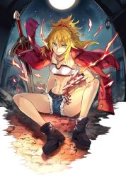 Rule 34 | 1girl, belt, blonde hair, blue eyes, boots, breasts, clarent (fate), denim, denim shorts, fate/apocrypha, fate (series), full moon, gauntlets, high heels, highres, looking at viewer, midriff, moon, mordred (fate), mordred (fate/apocrypha), mordred (memories at trifas) (fate), navel, pokimari, ponytail, shorts, sitting, small breasts, smile, solo, spread legs, sword, weapon