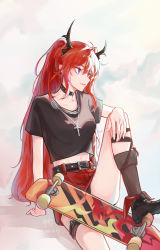 Rule 34 | 1girl, absurdres, arknights, arm on knee, belt, black footwear, black horns, black ribbon, black shirt, black socks, chinese commentary, closed mouth, collar, collarbone, commentary request, crop top, cross, cross necklace, dated, demon horns, grey background, haiying, highres, horns, jewelry, knee up, leg ribbon, light smile, long hair, looking away, midriff peek, navel, necklace, official alternate costume, panties, panty peek, ponytail, purple eyes, red hair, red skirt, ribbon, shirt, short sleeves, signature, sitting, skateboard, skirt, socks, solo, studded belt, studded collar, surtr (arknights), surtr (liberte echec) (arknights), thigh strap, toned, underwear