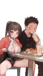 Rule 34 | 1boy, 1girl, black hair, black jacket, black pants, black skirt, blush, bow, bowtie, boyfriend (yoru mac), breasts, cameltoe, chicken nuggets, cleft of venus, commentary, cup, disposable cup, english commentary, fast food, food, french fries, girlfriend (yoru mac), grey bow, grey bowtie, grin, highres, jacket, large breasts, long hair, looking at viewer, mcdonald&#039;s, nose blush, open clothes, open shirt, panties, pants, pleated skirt, ponytail, red jacket, rightsorcerer, school uniform, self-upload, shirt, short hair, simple background, sitting, skirt, smile, sweatdrop, unbuttoned, unbuttoned shirt, underwear, white background, white shirt, yoru mac