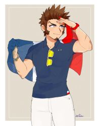 Rule 34 | 1boy, alternate costume, blue eyes, blue shirt, blush, brown hair, casual, collared shirt, contemporary, cowboy shot, facial hair, fate/grand order, fate (series), french flag, goatee, hand up, long sideburns, looking to the side, male focus, napoleon bonaparte (fate), pants, pectorals, scar, scar on arm, shirt, shitappa, short hair, sideburns, smile, solo, sunglasses, tinted eyewear, toned, toned male, white pants, yellow-tinted eyewear