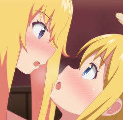 Rule 34 | 1other, 2girls, absurdres, angel, bad id, bad pixiv id, blonde hair, blue eyes, blush, crimvael, crossover, gabriel dropout, gabriel tenma white, highres, ishuzoku reviewers, look-alike, looking at another, multiple girls, poa mellhen, trait connection, voice actor connection