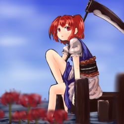 Rule 34 | 1girl, bare legs, belt, carrying, carrying over shoulder, dress, flower, hair bobbles, hair ornament, kys (k-k2), layered dress, looking at viewer, onozuka komachi, open mouth, puffy short sleeves, puffy sleeves, red eyes, red hair, scythe, short hair, short sleeves, shoulder carry, sitting, solo, spider lily, touhou, twintails, two side up, wading, water