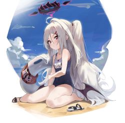 Rule 34 | 1girl, absurdres, ahoge, barefoot, beach, blue archive, blush, closed mouth, eyes visible through hair, feet, grey hair, halo, highres, hina (blue archive), hina (swimsuit) (blue archive), innertube, kitk qun, legs, long hair, looking at viewer, name tag, one-piece swimsuit, pink eyes, sandals, school swimsuit, sitting, solo, swim ring, swimsuit, thighs, white hair, wings
