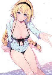 Rule 34 | 1girl, bikini, black bikini, black hairband, blonde hair, blue eyes, braid, breasts, cleavage, closed mouth, collarbone, commentary, fate/grand order, fate (series), hairband, highres, jacket, jeanne d&#039;arc (fate), jeanne d&#039;arc (ruler) (fate), jeanne d&#039;arc (swimsuit archer) (fate), jeanne d&#039;arc (swimsuit archer) (first ascension) (fate), large breasts, long hair, looking at viewer, outstretched arm, pochi (pochi-goya), sitting, smile, solo, swimsuit, very long hair, water