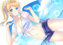Rule 34 | 10s, 1girl, ayase eli, bad id, bad pixiv id, bikini, bikini under clothes, blonde hair, blue eyes, blush, breasts, bubble, cleavage, cowboy shot, front-tie top, long hair, looking at viewer, love live!, love live! school idol festival, love live! school idol project, md5 mismatch, navel, open fly, panties, ponytail, ponytail korosuke, shirt, short shorts, shorts, sky, smile, solo, striped bikini, striped clothes, swimsuit, swimsuit under clothes, tied shirt, underwear, unzipped