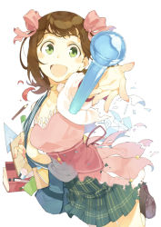 Rule 34 | 1girl, :d, amami haruka, arm up, bag, black socks, blue bag, blunt bangs, book, bow, brown footwear, brown hair, choker, collarbone, comiket 95, cropped jacket, eraser, floating hair, foreshortening, from side, green eyes, green skirt, hair behind ear, hair bow, hand up, holding strap, idolmaster, idolmaster (classic), jacket, jumping, legs up, loafers, long sleeves, looking at viewer, looking to the side, mechanical pencil, microphone, miniskirt, nail polish, notebook, open clothes, open hand, open jacket, open mouth, outstretched arm, outstretched hand, pale color, pencil, pencil case, pink bow, pink nails, plaid, plaid skirt, pleated skirt, pom pom (clothes), reaching, reaching towards viewer, ruler, school bag, set square, shoes, short bangs, short hair, shoulder bag, simple background, skirt, smile, socks, solo, t-okada, tareme, two side up, underbust, white background, white jacket, yellow choker