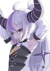 Rule 34 | 1girl, absurdres, ahoge, alternate hairstyle, armpits, arms up, ascot, black horns, braid, braided bangs, detached sleeves, grey hair, highres, hololive, horns, kyouwashi, la+ darknesss, la+ darknesss (1st costume), long hair, looking at viewer, multicolored hair, pointy ears, ponytail, purple hair, solo, streaked hair, striped horns, virtual youtuber, yellow ascot, yellow eyes