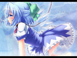 Rule 34 | 1girl, all fours, barefoot, bdsm, blue eyes, blue hair, bow, chain, cirno, collar, cum, cum string, etogami kazuya, hair bow, highres, letterboxed, matching hair/eyes, profile, pussy juice, short hair, solo, touhou, touhou hisoutensoku, wallpaper, wings, zoom layer