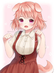 Rule 34 | 1girl, :d, animal ears, bad id, bad pixiv id, breasts, collared shirt, commentary, commission, dog ears, dog girl, dog tail, dress shirt, english commentary, floral background, hands up, looking at viewer, open mouth, original, paw pose, pink background, pink hair, puffy short sleeves, puffy sleeves, purple eyes, red skirt, shirt, short sleeves, skeb commission, skirt, small breasts, smile, solo, suspender skirt, suspenders, tail, twitter username, virtual youtuber, white shirt, yumoran
