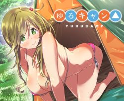 Rule 34 | 1girl, all fours, ass, bare shoulders, barefoot, bikini, blush, breasts, brown hair, butt crack, cleavage, collarbone, covered erect nipples, day, eyes visible through hair, fang, grass, green eyes, hair bobbles, hair ornament, huge breasts, inuyama aoi, long hair, looking at viewer, micro bikini, outdoors, pink bikini, ribs, ricochet-gou, side-tie bikini bottom, side ponytail, skin fang, skindentation, smile, solo, sweat, swimsuit, tent, thick eyebrows, tree, yurucamp