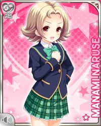 Rule 34 | 1girl, ahoge, blonde hair, blue jacket, bow, bowtie, brown eyes, card (medium), character name, eye drops, girlfriend (kari), green bow, green skirt, hand on own chest, jacket, naruse mamami, official art, open mouth, pen, pink background, plaid, plaid skirt, qp:flapper, school uniform, shirt, short hair, skirt, smile, solo, tagme, v-shaped eyebrows, white shirt