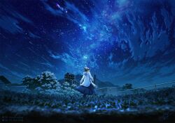 1girl blurry blurry_foreground building chimney cloud cloudy_sky commentary_request grass hood hooded_jacket jacket long_sleeves milky_way mocha_(cotton) night night_sky original outdoors railing scenery signature skirt sky solo star_(sky) starry_sky tree watermark wide_shot