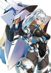 Rule 34 | 1girl, albireo scramble, blue eyes, breasts, cover, cover page, covered navel, hand on own hip, hands on own hips, highres, looking at viewer, mecha, medium breasts, novel cover, official art, pilot suit, ponytail, robot, second-party source, shirousagi uyu, textless version, visor, white background, white hair