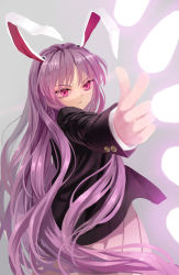 Rule 34 | 1girl, animal ears, blazer, cowboy shot, danmaku, expressionless, finger gun, foreshortening, from behind, from side, glowing, glowing eyes, grey background, hair over shoulder, jacket, light trail, long hair, long sleeves, looking afar, pink skirt, purple background, purple eyes, purple hair, rabbit ears, reisen udongein inaba, simple background, skirt, solo, suit jacket, suna (s73d), touhou, very long hair