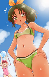 Rule 34 | 10s, 2girls, :d, :o, ^ ^, ball, bare shoulders, beachball, bikini, blush, blush stickers, bow, breasts, cameltoe, casual one-piece swimsuit, closed eyes, cloud, covered navel, day, closed eyes, frilled swimsuit, frills, green eyes, green hair, groin, hair bow, hands on own hips, hoshizora miyuki, kuga yoshito, long hair, looking down, midorikawa nao, multiple girls, one-piece swimsuit, one-piece tan, open mouth, pink hair, ponytail, precure, sky, small breasts, smile, smile precure!, sweat, swimsuit, tan, tanline, thigh gap, twintails