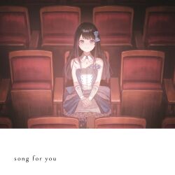 Rule 34 | 1girl, album cover, bare shoulders, black hair, blue bow, blue dress, blush, bow, closed mouth, collarbone, cover, crying, crying with eyes open, detached collar, detached sleeves, dress, hair bow, idoly pride, long bangs, long hair, looking at viewer, nagase kotono, official art, own hands together, petticoat, sitting, smile, solo, straight-on, straight hair, strapless, strapless dress, streaming tears, tears, theater seating, white dress, white sleeves