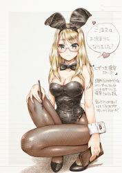 Rule 34 | 1girl, animal ears, ballpoint pen (medium), black bow, black bowtie, black leotard, black pantyhose, blonde hair, blue eyes, bow, bowtie, commentary request, detached collar, fake animal ears, fishnet pantyhose, fishnets, full body, glasses, leotard, long hair, looking at viewer, maguta, original, pantyhose, playboy bunny, rabbit ears, solo, squatting, strapless, strapless leotard, traditional media, translation request, wrist cuffs