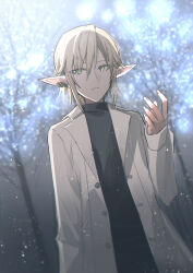 Rule 34 | 1boy, bare tree, black shirt, blonde hair, blurry, blurry background, breath, chihuri, depth of field, final fantasy, final fantasy xiv, green eyes, hair between eyes, hand up, highres, jacket, male focus, open clothes, open jacket, parted lips, pointy ears, shirt, snowing, solo, tree, white jacket, zephirin de valhourdin