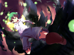 Rule 34 | &gt;:&gt;, 1girl, :&gt;, antennae, arm behind back, black shorts, bob cut, brown footwear, bug, buttons, cape, collared shirt, female focus, fireflies, firefly, flat chest, from below, full body, green eyes, green hair, insect, long sleeves, matching hair/eyes, shirt, shoes, short hair, shorts, solo, tomboy, torn cape, torn clothes, touhou, v-shaped eyebrows, white shirt, wriggle nightbug