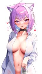 Rule 34 | 1girl, ahoge, amaki daisuke, animal collar, animal ear fluff, animal ears, beer can, black collar, blush, breasts, can, cat ears, cat girl, collar, collarbone, dress shirt, drink can, fang, hair between eyes, heart, heart-shaped pupils, highres, holding, holding can, hololive, large breasts, lips, long sleeves, looking at viewer, naked shirt, navel, nekomata okayu, nekomata okayu (oversized shirt), open clothes, open mouth, open shirt, purple eyes, purple hair, saliva, shirt, short hair, simple background, smile, solo, symbol-shaped pupils, virtual youtuber, white background, white shirt
