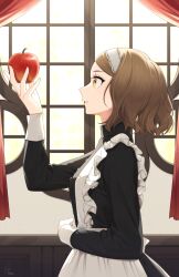 Rule 34 | 1girl, apple, apron, back bow, black dress, bow, brown hair, buttons, commentary, curtains, dress, eyelashes, food, frills, fruit, headband, highres, holding, holding food, holding fruit, konogi nogi, lace, looking at object, maid, original, short hair, solo, symbol-only commentary, teeth, wavy hair, white bow, white headband, window, yellow eyes