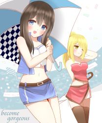 Rule 34 | 2girls, :d, absurdres, bare arms, bare shoulders, belt, belt buckle, black hair, blonde hair, blue eyes, blue skirt, blue vest, blush, breasts, brown belt, brown hair, brown legwear, buckle, checkered flag, closed umbrella, commentary request, confetti, english text, flag, green eyes, high ponytail, highres, holding, holding umbrella, long hair, looking at viewer, midriff, multiple girls, navel, non (wednesday-classic), open clothes, open mouth, open vest, original, ponytail, race queen, red skirt, skirt, small breasts, smile, strapless, thighhighs, umbrella, vest, white umbrella