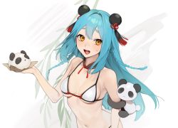 Rule 34 | 1girl, :d, animal ears, arm hug, bare shoulders, bikini, blue hair, braid, breasts, collarbone, commentary, copyright request, detached collar, fake animal ears, hair ornament, hand up, highres, holding, long hair, looking at viewer, medium breasts, navel, ohisashiburi, open mouth, orange eyes, panda, panda ears, ribbon, small breasts, smile, solo, sweatdrop, swimsuit, symbol-only commentary, twin braids, upper body, white bikini