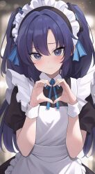 Rule 34 | 1girl, alternate costume, apron, blue archive, blue bow, blue bowtie, blurry, blush, bow, bowtie, commentary, depth of field, enmaided, frilled apron, frills, halo, heart, heart hands, highres, long hair, looking at viewer, maid, maid apron, maid headdress, parted bangs, purple eyes, purple hair, short sleeves, sidelocks, solo, two side up, white apron, wrist cuffs, yuuka (blue archive), zeatto