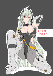 Rule 34 | 12-gauge (beretta ltlx), 1girl, absurdres, alternate costume, ammunition, aqua hair, armpits, baton round, beretta, black ribbon, bodysuit, braid, breasts, character name, cleavage, cleavage cutout, closed mouth, clothing cutout, elbow gloves, girls&#039; frontline, gloves, hair ornament, hair ribbon, hand in own hair, hand on floor, high heels, highres, impact round, kepra iii, large breasts, less-than-lethal projectile, long hair, looking at viewer, ltlx 7000 (girls&#039; frontline), mole, mole on breast, on floor, polymer-cased ammunition, prototype design, red eyes, revealing clothes, ribbon, rubber bullet, shotgun shell, shotgun slug, sideboob, sideboob cutout, simple background, skin tight, solo, underboob, underboob cutout, white footwear, white gloves