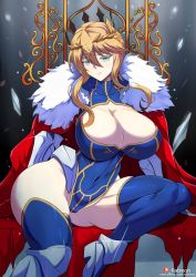 Rule 34 | 1girl, armor, artoria pendragon (fate), artoria pendragon (lancer) (fate), blonde hair, blue eyes, blush, boots, braid, breasts, cape, chair, cleavage, covered navel, fate/grand order, fate (series), gauntlets, high heel boots, high heels, highres, large breasts, long hair, looking at viewer, red cape, short hair, sitting, solo, throne, torahime (roland00)