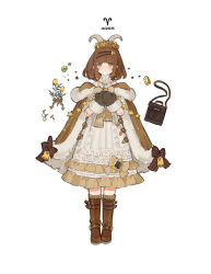 Rule 34 | 1girl, aries (symbol), aries (zodiac), bag, black eyes, blush, boots, bow, brown bag, brown bow, brown footwear, brown gloves, brown hair, brown mittens, brown ribbon, dress, earrings, floating, floating object, flower, fluff, gem, gloves, gold necklace, green gemstone, hair ornament, hands up, holding, holding bow (ornament), horns, jewelry, long fall boots, looking ahead, looking at viewer, medium hair, mittens, necklace, nose blush, open mouth, original, pearl earrings, ribbon, sheep horns, sleeveless, star (symbol), starshadowmagician, turtleneck, white background, white dress, white horns, yellow flower, yellow gemstone, zodiac