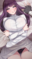 Rule 34 | 1boy, 1girl, akchu, alternate breast size, blunt bangs, breasts, commentary request, dress, fern (sousou no frieren), held down, hetero, highres, holding another&#039;s wrist, large breasts, long hair, looking at viewer, panties, partial commentary, purple eyes, purple hair, purple pupils, restrained, sidelocks, solo focus, sousou no frieren, stark (sousou no frieren), straight hair, thigh gap, thighs, underwear, white dress