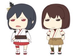 Rule 34 | 10s, 2girls, :|, black hair, bodysuit, brown eyes, brown hair, chibi, closed mouth, commentary request, d:, d:&lt;, detached sleeves, geta, hair ornament, hakama, hakama skirt, hands on own hips, hyuuga (kancolle), japanese clothes, jitome, kantai collection, long sleeves, multiple girls, neko majin, nontraditional miko, open mouth, red eyes, red hakama, short hair, short sleeves, skirt, thigh strap, v-shaped eyebrows, wide sleeves, yamashiro (kancolle)