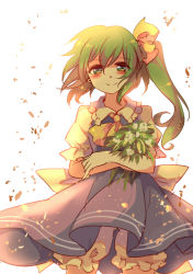 Rule 34 | 1girl, ascot, backlighting, bloomers, blue dress, bouquet, daiyousei, dress, flower, green eyes, green hair, hair ribbon, looking at viewer, matching hair/eyes, puffy sleeves, ribbon, shirt, side ponytail, simple background, smile, solo, touhou, underwear, yetworldview kaze