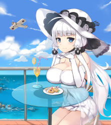 Rule 34 | 1girl, aircraft, airplane, azur lane, bare shoulders, blue eyes, blush, breast rest, breasts, breasts on table, chair, cleavage, closed mouth, cup, drinking glass, drinking straw, elbow gloves, food, fork, fruit, gloves, hat, highres, illustrious (azur lane), large breasts, long hair, looking at viewer, mole, mole under eye, plate, railing, see-through, shou jian yu, sitting, smile, solo, strawberry, table, waffle, white gloves, white hair, white hat