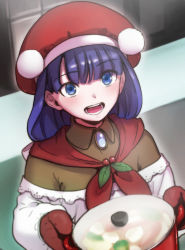 Rule 34 | 1girl, aoba (smartbeat), apron, blue eyes, breasts, brooch, brown shirt, fate/grand order, fate (series), hat, highres, jewelry, long hair, long sleeves, looking at viewer, martha (fate), martha (santa) (fate), medium breasts, mittens, off shoulder, open mouth, purple hair, red hat, santa hat, shirt, solo, white apron