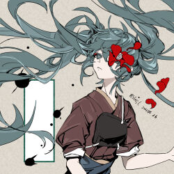 Rule 34 | 1girl, blue eyes, blue hair, blue hakama, bright pupils, camellia, closed mouth, dated, floating hair, flower, flower over eye, hakama, hand up, hatsune miku, inkblot, japanese clothes, kimono, long hair, looking to the side, looking up, mani mani (vocaloid), messy hair, muneate, petals, red flower, red kimono, simple background, sixii, sleeves rolled up, solo, twitter username, upper body, very long hair, vocaloid, white pupils