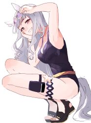 Rule 34 | 1girl, animal ears, arm up, armpits, breasts, commentary request, full body, gold ship (run revolt launcher) (umamusume), gold ship (umamusume), grey hair, highres, horse girl, horse tail, looking at viewer, medium breasts, mimuta, official alternate costume, pink eyes, sandals, simple background, smile, solo, squatting, sunglasses, swimsuit, tail, umamusume