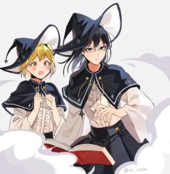 Rule 34 | 2girls, :d, black hair, black skirt, blonde hair, blush, book, capelet, glasses, haikyuu!!, hat, joman, looking at viewer, multiple girls, one side up, open mouth, shimizu kiyoko, short hair, simple background, skirt, smile, standing, wide sleeves, witch, witch hat, yachi hitoka
