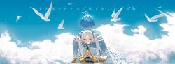 Rule 34 | 1boy, 1girl, absurdres, bird, blue hair, cape, capelet, closed eyes, cloud, commentary, dove, earrings, elf, flower, frieren, highres, himmel (sousou no frieren), holding, holding flower, jewelry, long hair, long sleeves, lufi ays, pointy ears, short hair, sousou no frieren, translation request, twintails, upper body, variant set, white cape, white capelet, wide shot