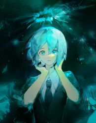 Rule 34 | 1other, absurdres, androgynous, black jacket, black necktie, blue eyes, blue hair, blue halo, chinese commentary, collared shirt, commentary request, escapeeverytime, expressionless, glint, glowing, glowing halo, green background, halo, hands up, highres, houseki no kuni, jacket, looking at viewer, necktie, other focus, parted lips, phosphophyllite, shirt, short hair, short sleeves, solo, upper body, white shirt