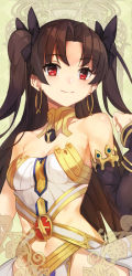 Rule 34 | 1girl, bare shoulders, black hair, bow, breasts, cleavage, clothing cutout, detached collar, detached sleeves, dress, earrings, fate/grand order, fate (series), hair bow, hoop earrings, ishtar (fate), jewelry, long hair, medium breasts, navel, navel cutout, parted bangs, red eyes, shovelwell, single sleeve, smile, solo, strapless, strapless dress, tohsaka rin, two side up, white dress