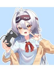 Rule 34 | 1girl, antenna hair, azur lane, blue background, blush, bow, brown sweater, collared shirt, controller, game controller, hair between eyes, hair intakes, hands up, highres, holding, holding controller, holding game controller, jacket, long hair, long sleeves, looking at viewer, marimo daifuku, mask, mask on head, official alternate costume, open mouth, outline, pointing, pointing at self, red bow, red eyes, shirt, simple background, solo, stremitelny (azur lane), stremitelny (no snow no life) (azur lane), sweater, sweater jacket, upper body, white outline, white shirt