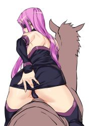 Rule 34 | 1girl, ashiomi masato, ass, bare shoulders, breasts, closed mouth, dress, fate/grand order, fate/stay night, fate (series), horse, long hair, medusa (fate), medusa (rider) (fate), panties, purple hair, simple background, solo, strapless, strapless dress, thighhighs, underwear, white background