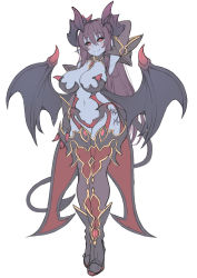 Rule 34 | 1girl, arm behind head, arm up, armpits, bare shoulders, black sclera, blue skin, blush, boots, breasts, cleavage, colored sclera, colored skin, commentary, demon (monster girl encyclopedia), demon girl, demon horns, demon tail, demon wings, full body, grin, hair between eyes, high heel boots, high heels, highres, hip focus, horns, kanachirou, large breasts, long hair, looking at viewer, monster girl encyclopedia, navel, pointy ears, purple hair, red eyes, simple background, sketch, slit pupils, smile, solo, tail, tattoo, thigh boots, thighhighs, white background, wings