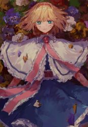 Rule 34 | 1girl, alice margatroid, aqua eyes, blonde hair, blue eyes, capelet, dress, expressionless, flower, frills, hairband, highres, isshin (kaxz), looking at viewer, lying, necktie, on back, sash, scratches, short hair, solo, touhou