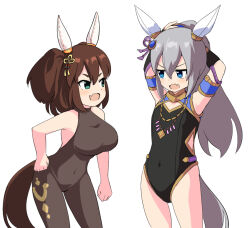 Rule 34 | 2girls, animal ears, armpits, arms behind head, arms up, blue eyes, blush, bodystocking, breasts, brown hair, covered navel, cowboy shot, ear covers, eye contact, fang, flat chest, green eyes, grey hair, horse ears, horse girl, horse tail, inari one (fields of gold) (umamusume), inari one (umamusume), jewelry, jitome, large breasts, leotard, long hair, looking at another, multiple girls, necklace, open mouth, ponytail, skin fang, smile, standing, tail, tamamo cross (fierce thunder god) (umamusume), tamamo cross (umamusume), tenten (chan4545), twintails, tying hair, umamusume, v-shaped eyebrows, white background
